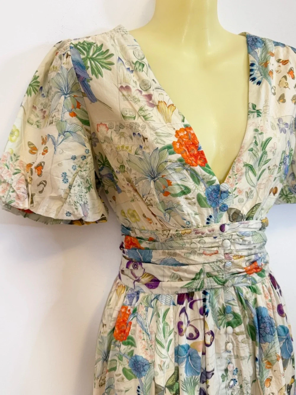 NWT by Anthropologie Floral Cream V-Neck Maxi Dress with Puff Sleeves - Picture 4 of 11